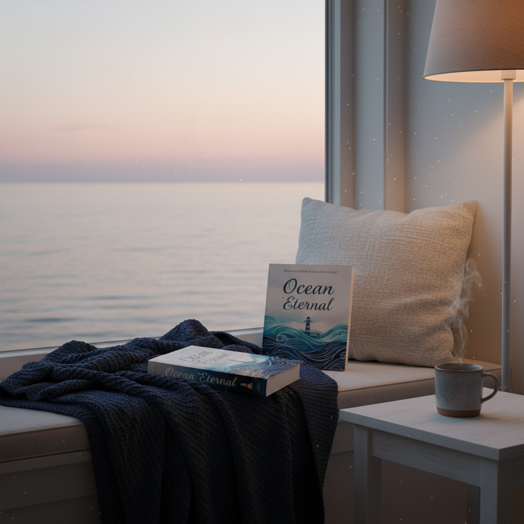 A cozy reading nook near a wide window overlooking a calm ocean at dusk, the horizon painted in soft rose and lavender tones. In the foreground, a plush navy throw blanket and a simple, light-colored cushion form a resting place for a single copy of “Ocean Eternal,” its cover clearly visible and slightly angled toward the viewer. A small ceramic mug of tea sits on a nearby side table made of whitewashed wood. Warm indoor lamp light mixes with cool twilight, creating a gentle, inviting glow. Photographic realism, eye-level composition, serene and comforting mood ideal for a “Start Reading” or purchase call-to-action section.