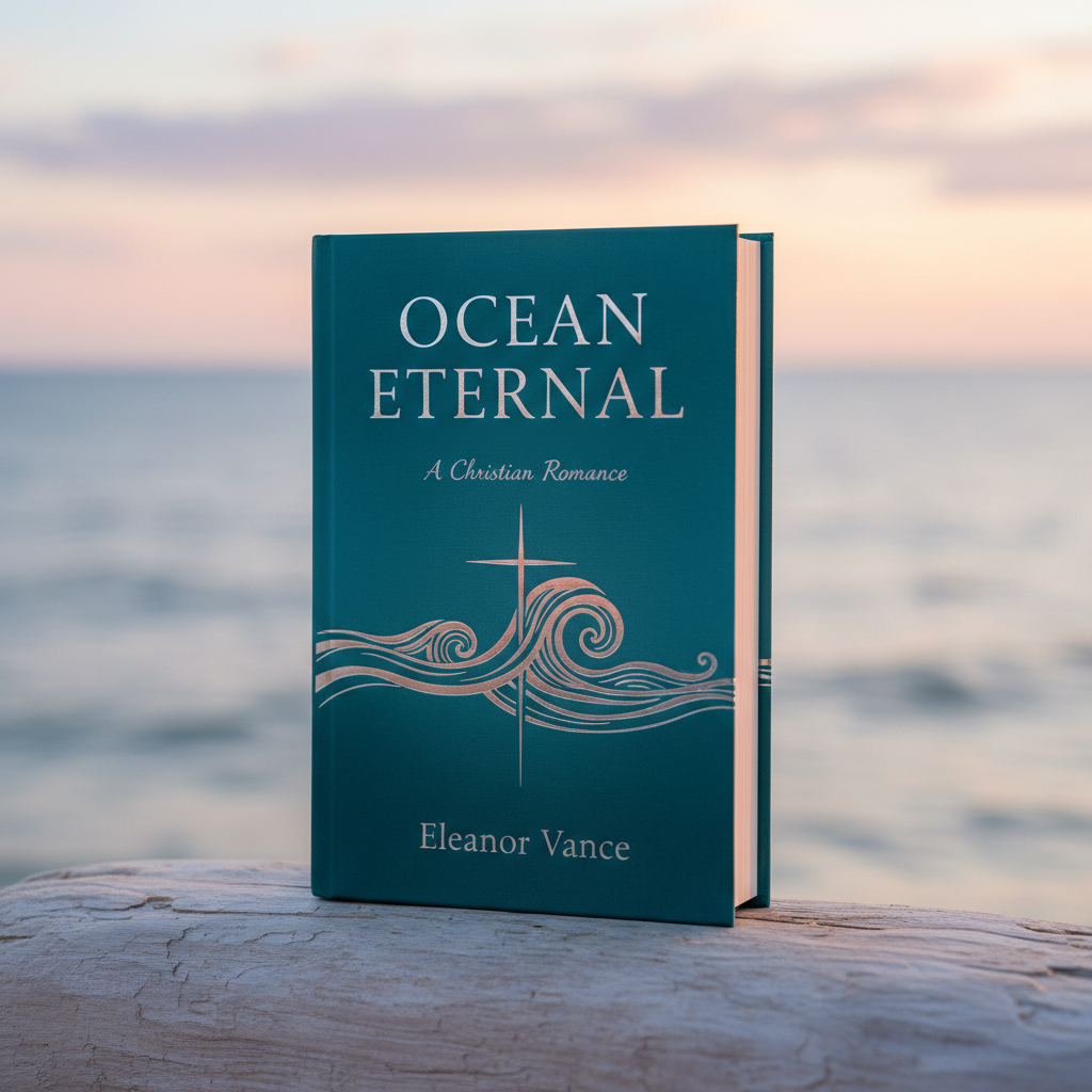 A hardback copy of the novel “Ocean Eternal” standing upright on a smooth, weathered driftwood plank, its glossy teal-and-silver cover featuring stylized waves and a delicate cross motif as the clear focal point. Behind it, the ocean stretches to the horizon, gently rolling under a soft pastel sunset. Warm golden hour light grazes the book’s edges and catches faint texture on the cover, while the sea and sky blur into creamy bokeh. Photographic realism, eye-level composition with the book centered, calm and hopeful mood, clean and modern aesthetic ideal for a Christian romance homepage hero image.