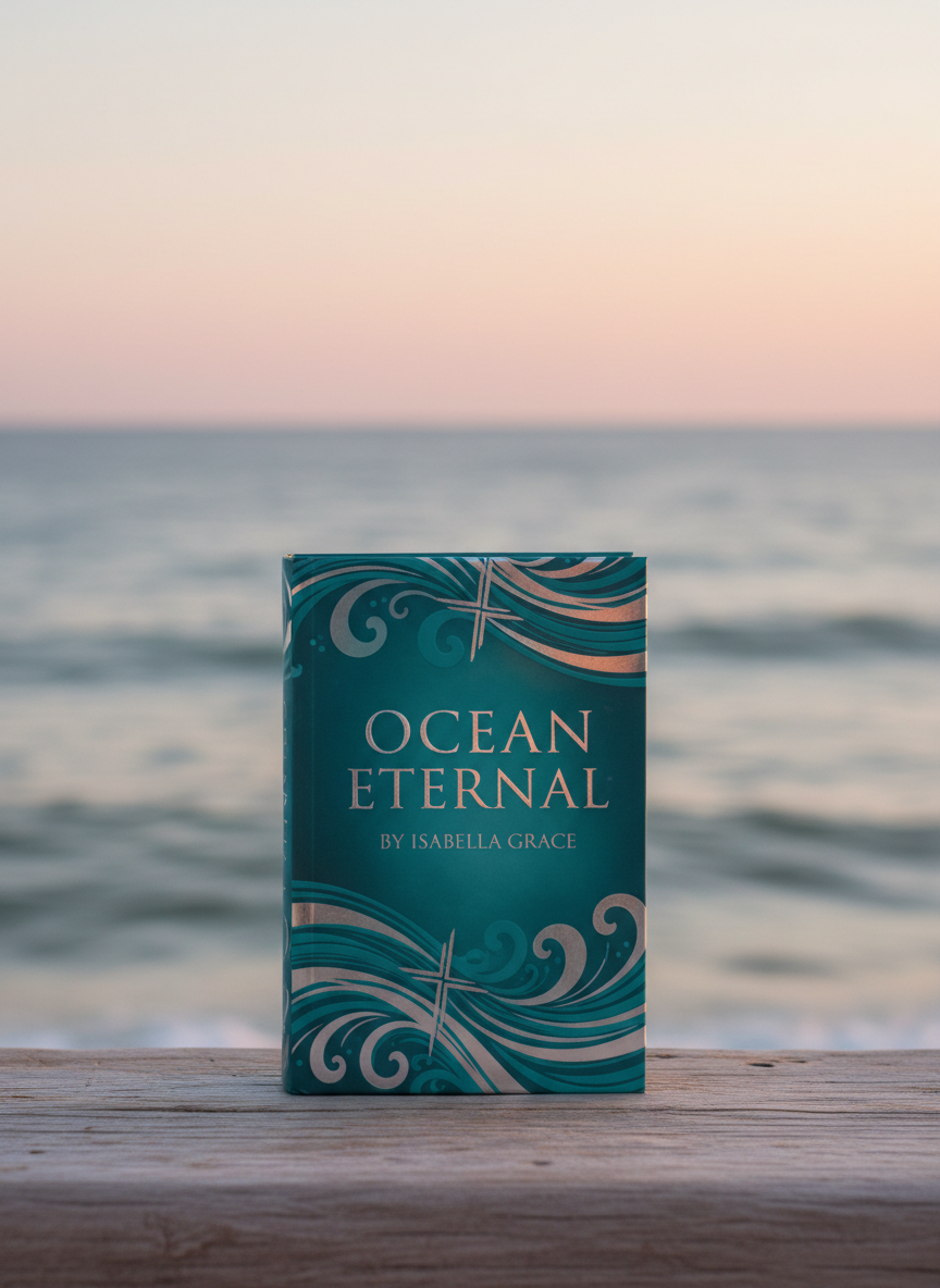 A hardback copy of the novel “Ocean Eternal” standing upright on a smooth, weathered driftwood plank, its glossy teal-and-silver cover featuring stylized waves and a delicate cross motif as the clear focal point. Behind it, the ocean stretches to the horizon, gently rolling under a soft pastel sunset. Warm golden hour light grazes the book’s edges and catches faint texture on the cover, while the sea and sky blur into creamy bokeh. Photographic realism, eye-level composition with the book centered, calm and hopeful mood, clean and modern aesthetic ideal for a Christian romance homepage hero image.