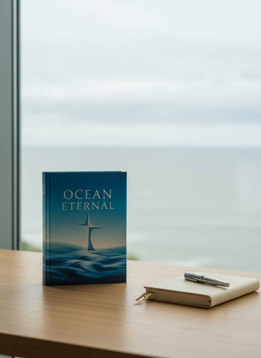 A clean, minimalist writing desk scene featuring a single, prominently displayed copy of “Ocean Eternal” standing on a light oak surface, with an elegant, closed journal and a pen arranged beside it. In the background, a large window reveals a distant, hazy view of the ocean under soft overcast light. The book cover, with its ocean-blue palette and subtle Christian symbolism, is perfectly lit by natural side light, creating delicate shadows and a refined sheen. Photographic realism, shot from a slightly elevated angle using the rule of thirds, conveying professionalism, authorship, and quiet inspiration for an author bio or introduction section.