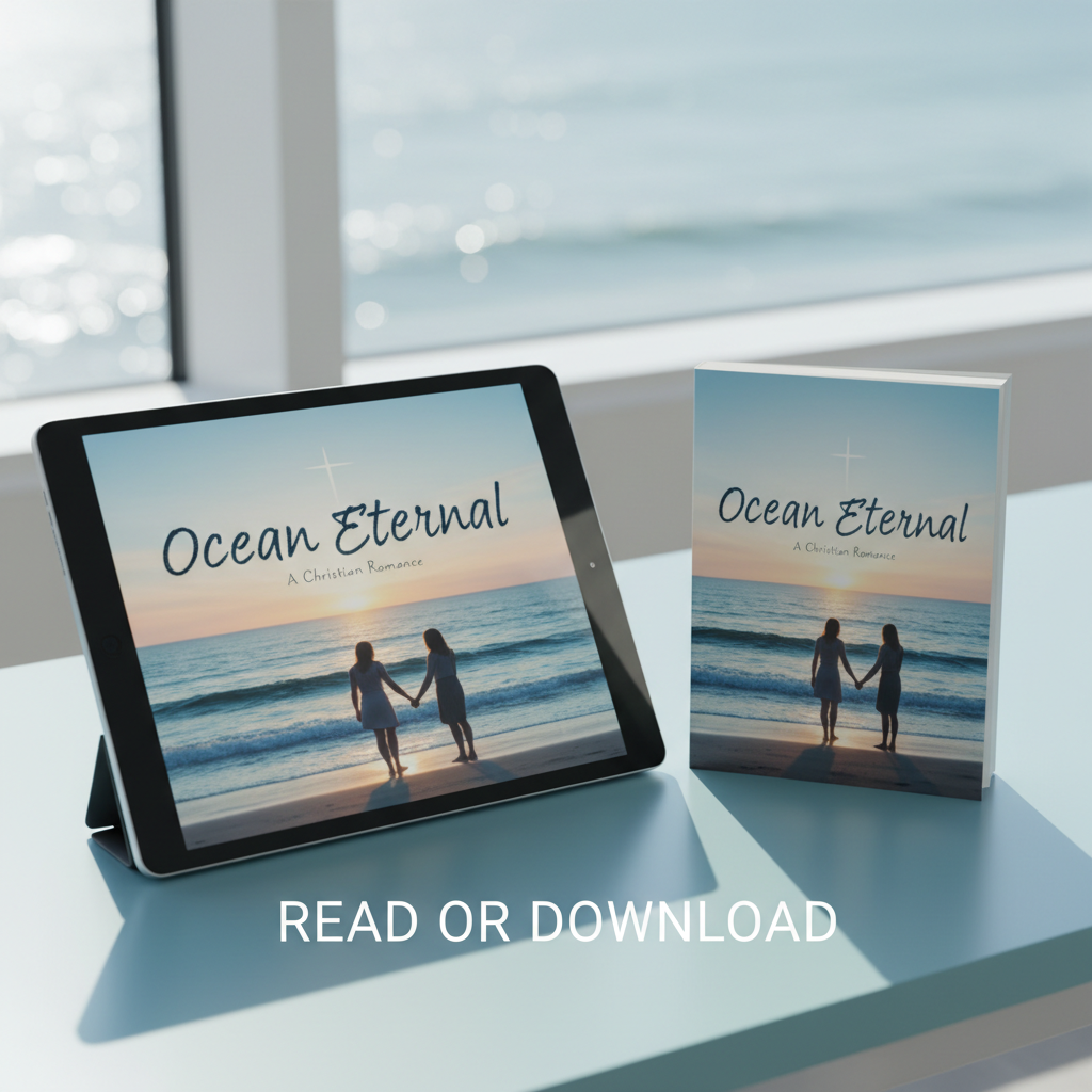 A sleek digital tablet on a light coastal-blue desk surface displaying the cover art of “Ocean Eternal” in vivid, high-resolution detail, positioned beside a single physical copy of the same book for contrast. Behind them, the blurred outline of a window reveals bright sunlight reflecting on gentle ocean waves. Clean, cool daylight pours in, producing crisp reflections on the tablet screen and subtle shine on the book’s cover. Photographic realism, slightly elevated angle with a modern, minimalist composition, conveying accessibility in both print and ebook formats for a purchase or download section of a Christian romance author site.