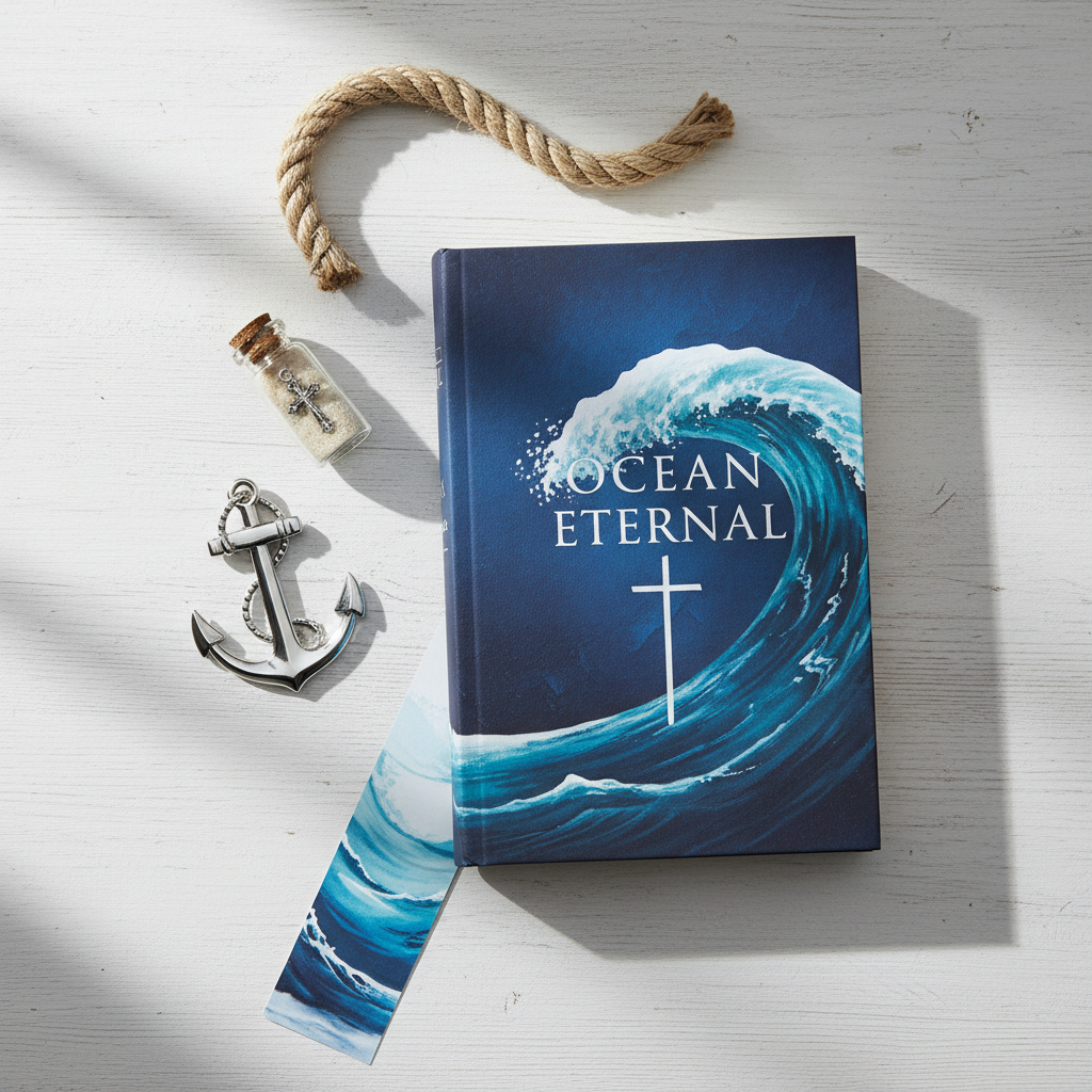 A refined flat-lay composition on a whitewashed wooden surface, featuring the “Ocean Eternal” book placed slightly off-center. Around it, subtle thematic objects are carefully arranged: a silver anchor pendant, a small glass bottle with sand and a tiny cross charm inside, a fragment of nautical rope, and a bookmark with an abstract wave design (no text). Soft, diffused window light from the left casts delicate shadows and enhances textures. Photographic realism with sharp focus throughout, creating a balanced, professional layout that feels romantic, faith-infused, and ideal for highlighting book details or bonus content.