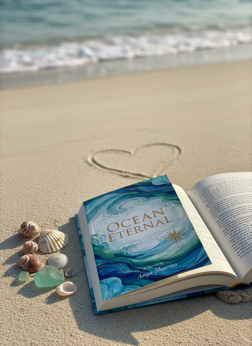A close-up, slightly angled overhead shot of the book “Ocean Eternal” lying open on a pale sand beach, its custom-designed cover visible beside the open pages. Small seashells and a smooth piece of sea glass rest nearby, and a faint heart shape is traced in the sand just out of focus. Soft, diffused morning light creates gentle highlights on the page edges and a serene glow on the sand. Shallow depth of field keeps the book in crisp focus, with the shoreline and small waves rendered as a soft, luminous blur. Photographic realism, peaceful and contemplative atmosphere for a book promotion section.