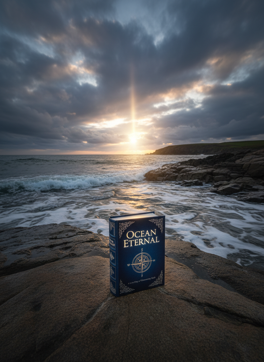 A dramatic, cinematic scene of “Ocean Eternal” resting at the edge of a rocky shoreline, the book propped securely on a flat stone. Waves gently wash nearby, leaving a glistening sheen on the dark rocks. The sky is filled with late-afternoon clouds parted just enough for a shaft of sunlight to illuminate the book, making its cover glow against the moody seascape. Photographic realism, low-angle perspective emphasizing the book against the expansive sky and water. The mood is romantic and hopeful, with a sense of enduring faith, perfect for a Christian romance feature banner or promotional header.